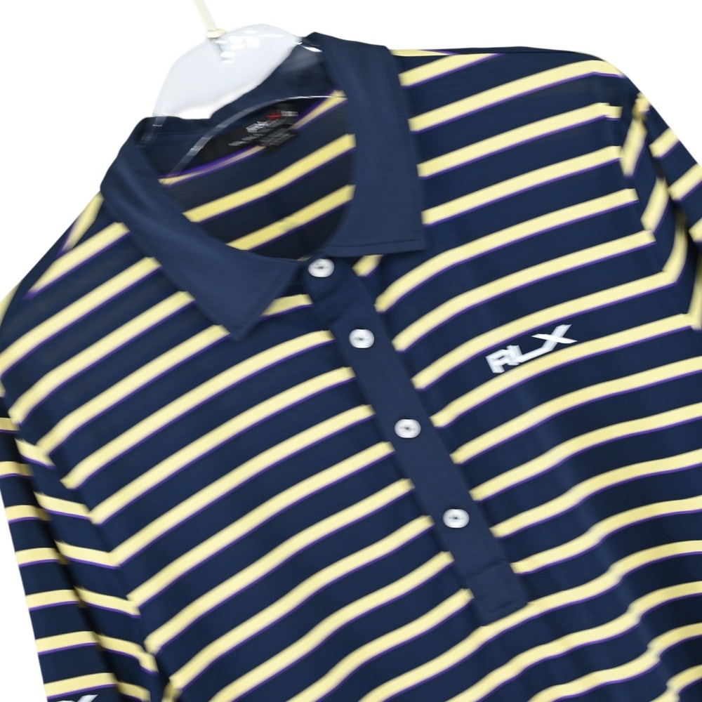 RLX Ralph Lauren Mens XL Golf Polo Shirt Striped Navy Yellow Performance Luxe